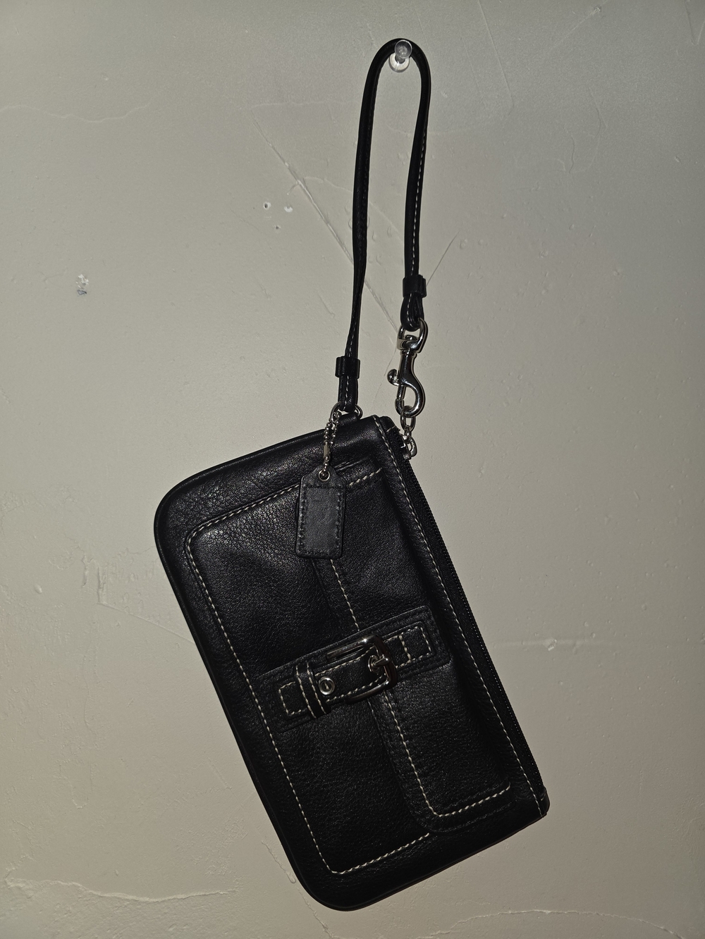 Coach Black Leather Wristlet Wallet with Contrast Stitching